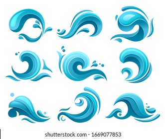 Flat Cartoon Water Waves, Ocean And Sea Splashes