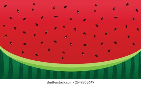 Vetor plano de fundo de melancia de desenhos animados com sementes pretas e crosta listrada de pincel em fundo vermelho