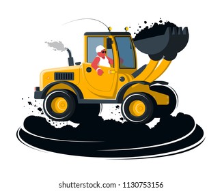 Flat cartoon wheel loader with driver on black ground isolated 