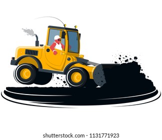 Flat cartoon wheel loader with driver on black ground isolated 