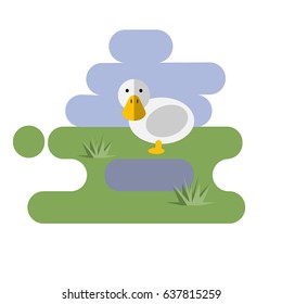 Flat cartoon white duck icon on blue and green background. Vector illustration