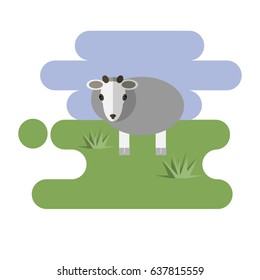 Flat cartoon white sheep icon on blue and green background. Vector illustration