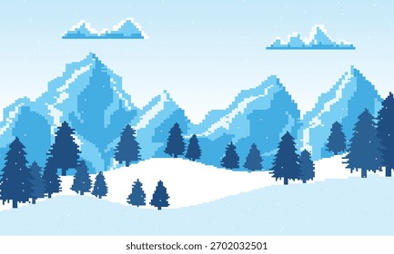  Flat cartoon of winter snowy pixel art landscape illustration background