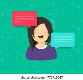 Flat cartoon woman character with bubble speeches vector illustration, idea of pretty young happy smiling girl saying or talking with positive emotions, funny teen speaking isolated