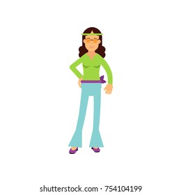 Flat cartoon woman hippie. Happy and carefree female with long hair dressed in blue flared jeans, green shirt, round glasses. Sixties hippy subculture clothes. Love and pacifism. Vector on white