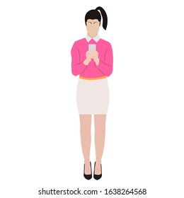 Flat cartoon woman in pink shirt and white skirt holding mobile. EPS.file.