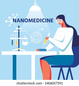 Flat Cartoon Woman in Protective Glasses Doing Research Test Sitting at Table in Laboratory and Holding Syringe in Hand. Nanomedicine and Nanotechnology. Flat Vector Banner Illustration on Blue