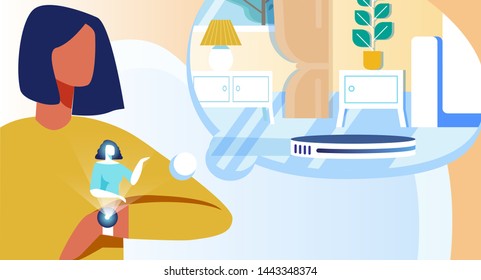 Flat Cartoon Woman Using Smart Watch App for Robotic Vacuum Cleaner Remote Control. Living Room IOT Interior in Speech Bubble. Female Projection Visualizing Household Process. Vector Illustration