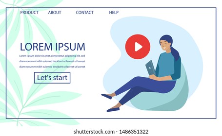 Flat Cartoon Woman Using Video Player on Tablet for Online Education, Remote Work, Distant Call. Digital Technology. Responsible Landing Page Layout with Editable Text and Title. Vector Illustration