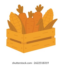 Flat cartoon wooden crate with corn and carrots. Colorful autumn harvest vegetable illustration.