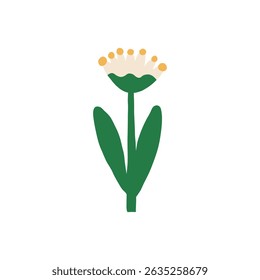 flat cartoon yellow and white flower with green leaves and stem, perfect for children’s illustrations and spring graphic decoration
