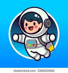 A flat cartoon of young child astronaut