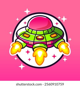 A flat cartoon of young child astronaut, ufo, spaceship