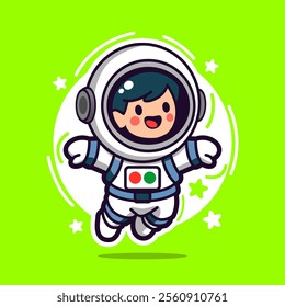 A flat cartoon of young child astronaut, ufo, spaceship