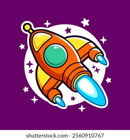 A flat cartoon of young child astronaut, ufo, spaceship