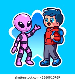 A flat cartoon of young child astronaut, ufo, spaceship