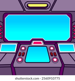 A flat cartoon of young child astronaut, ufo, spaceship