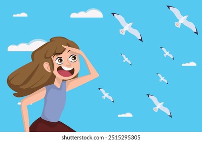  Flat cartoon, young girl looking far away the sea gulls