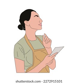 Flat cartoon a young housewife in an apron on a white background with a notebook in her hands, chooses recipes for dinner, thinks how to please her husband, comes up with ideas for dishes.
