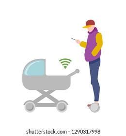 Flat cartoon young man with a baby carriage in a flat style, dad with a baby on a walk, vector illustration in flat style of modern urban entertainment device, walking in the park
