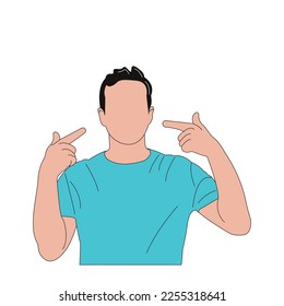 Flat cartoon young man confidently pointing to own broad smile, positive, relaxed, satisfied attitude. characters isolated on white background. Vector illustration.