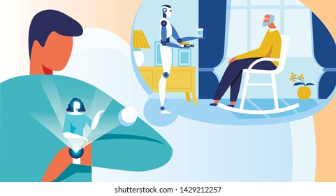 Flat Cartoon Young Man Controlling Remotely Personal Robot Assistant via Smart Watch. Guy Watching Humanoid Gives Water and Pills to Old Parent. Wireless AI Technologies. Vector Illustration