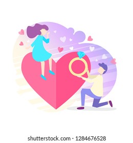 Flat cartoon. Young man makes on knee an offer of marriage to pretty woman, who sitting on the big heart. Small people and big heart and engagement ring. Dating concept, Declaration of love people