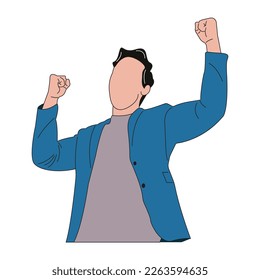 Flat cartoon young man shouting triumphantly, looking like excited, happy and surprised winner, celebrating. Characters isolated on white. Vector illustration.