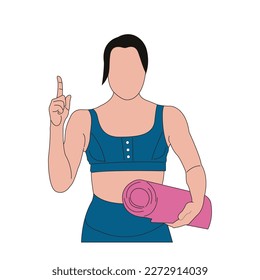 Flat cartoon a young sporty athletic fitness trainer instructor woman wear blue tracksuit spend time in home gym hold finger up with great new idea isolated on white background. Workout sport concept.