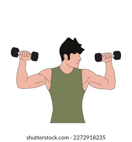 Flat cartoon a young strong powerful sporty toned sportsman man wear green clothes spend time in home gym hold dumbbells posing look at biceps muscles isolated on white background.