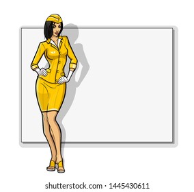 Flat cartoon young woman stewardess, great design for any purposes. Vector cartoon slim girl hostess aircraft concept empty banner. Business Flight attendant portrait vector illustration. Colour dress
