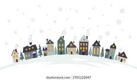 Flache karikaturische Winter-Stadtszene mit Häusern, Schneeflocken und Bäumen