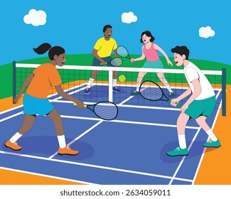 A flat cartoon-style illustration of diverse characters playing pickleball on a bright court. Highlights energy, movement, teamwork, and fun in a sporty and colorful design.