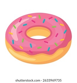 Flat cartoon-style illustration of a round donut with pink icing and multicolored sprinkles. Sweet, fun, and appetizing dessert icon isolated on white background.
