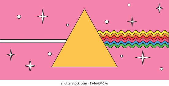 Flat cartoon-style illustration with a triangular optical prism dispersing light. Psychedelic 70's mood poster. 