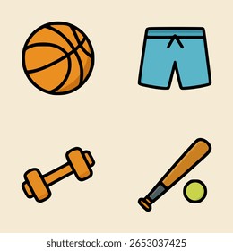 Flat cartoon-style sports equipment icons including basketball, gym shorts, orange dumbbell, and baseball bat with ball.