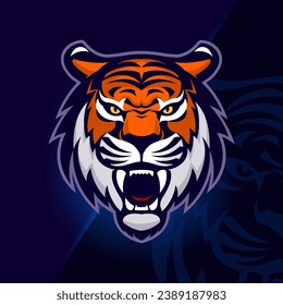 Un diseño de logotipo de cabeza de tigre al estilo de las caricaturas planas que representa el concepto de tecnología. Aislado y adecuado para páginas web, banners, volantes, pegatinas y tarjetas