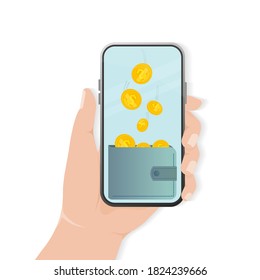 Flat Cash Back With Smartphone For Mobile App Design. Payment Online Concept. Vector Illustration.