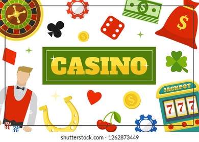 Flat casino elements concept with croupier roulette card suits bag of money slot machine clover horseshoe dices chips cherry vector illustration