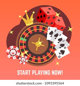 Flat casino gambling vector concept set with win money jackpot. Poker and roulette, fortune game and play illustration