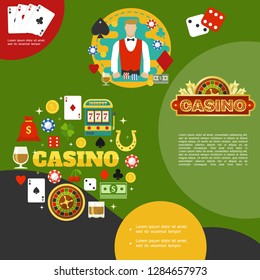 Flat casino and poker template with croupier card suits glasses of whiskey money bag slot machine horseshoe dices chips roulette vector illustration