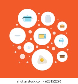 Flat Casserole, Omelette, Loaf And Other Vector Elements. Set Of Cooking Flat Symbols Also Includes Omelette, Blender, Saucepan Objects.