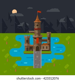 flat castle art, abstract medieval kids background