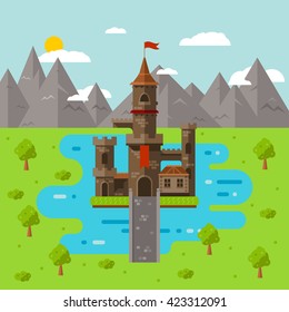 flat castle art, abstract medieval kids background