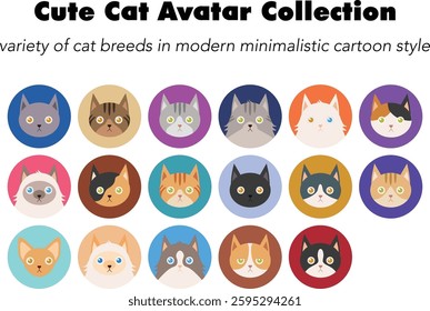 flat cat breed avatar collection, cute feline face icons, domestic pet cat vector illustrations, colorful round kitty portraits, variety of cat breeds in modern minimalistic cartoon style