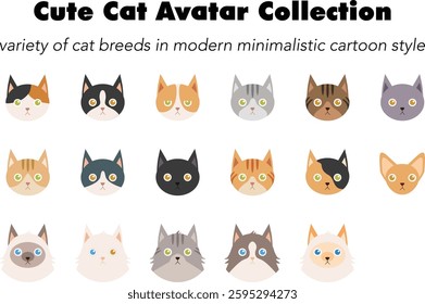 flat cat breed avatar collection, cute feline face icons, domestic pet cat vector illustrations, colorful round kitty portraits, variety of cat breeds in modern minimalistic cartoon style