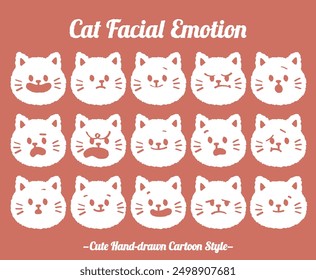 Flat cat face with variety cute and funny facial expression set. Cartoon doodle style animal kitten character emotion. Comic colorful happy, calm, worry, angry, anxiety, smile face with line draw hair