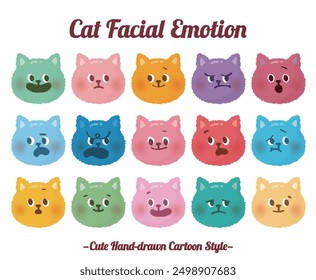 Flat cat face with variety cute and funny facial expression set. Cartoon doodle style animal kitten character emotion. Comic colorful happy, calm, worry, angry, anxiety, smile face with line draw hair