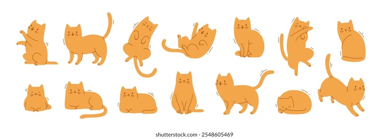 Flat cat poses set. Cartoon kitten poses collection. Different vector cat poses bundle.