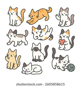 Flat cat poses set. Cartoon kittens are posing in collection poses